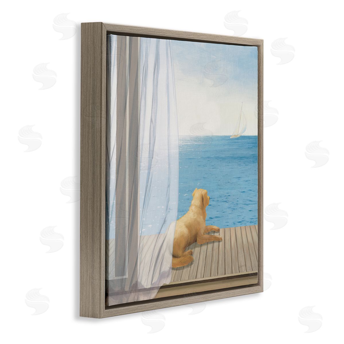 James Wiens Dog in Coastal Window Brown Floating Frame Canvas Wall Art Print