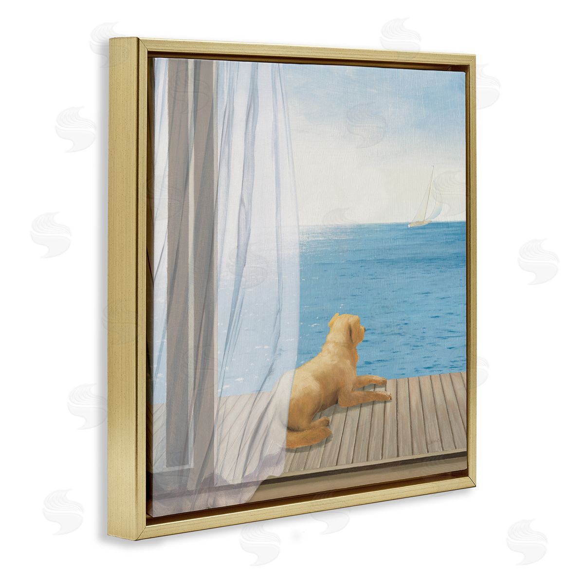 James Wiens Dog in Coastal Window Gold Floating Frame Canvas Wall Art Print