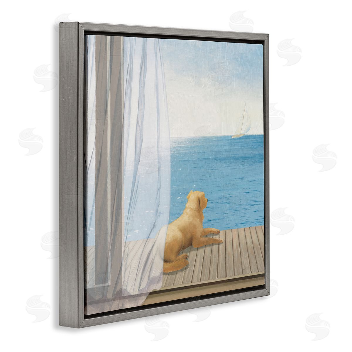 James Wiens Dog in Coastal Window Gray Floating Frame Canvas Wall Art Print