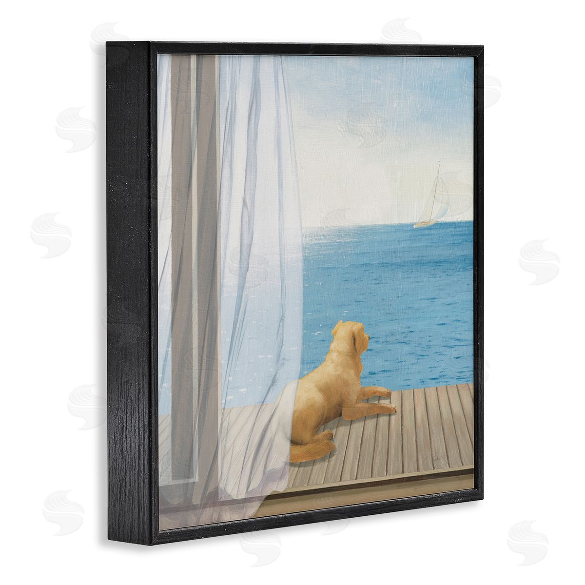 James Wiens Dog in Coastal Window Black Framed Glicee Wall Art Print