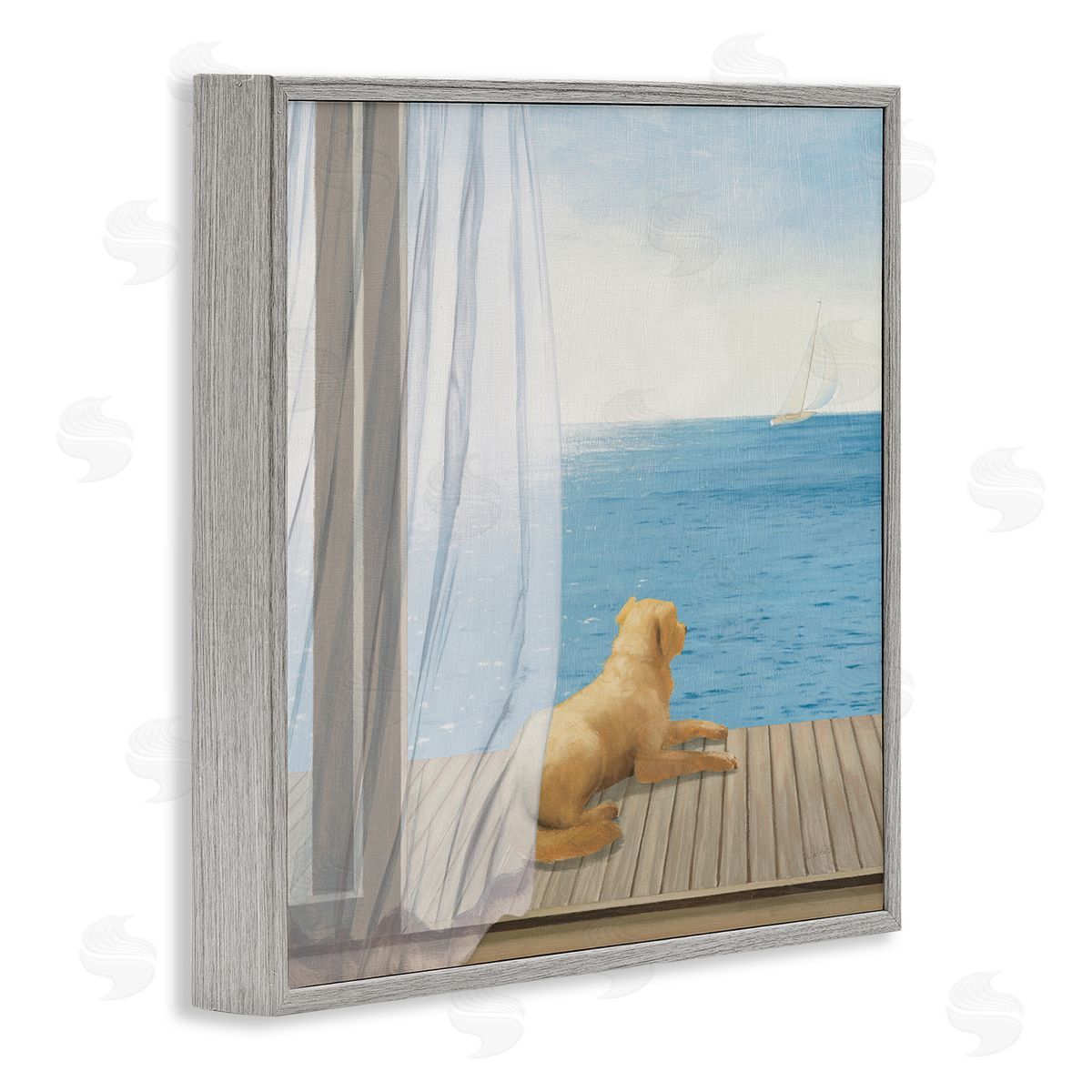 James Wiens Dog in Coastal Window Gray Framed Glicee Wall Art Print