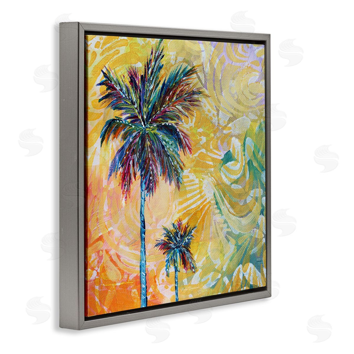 Megan Duncanson Modern Patterned Palm Trees Gray Floating Frame Canvas Wall Art Print