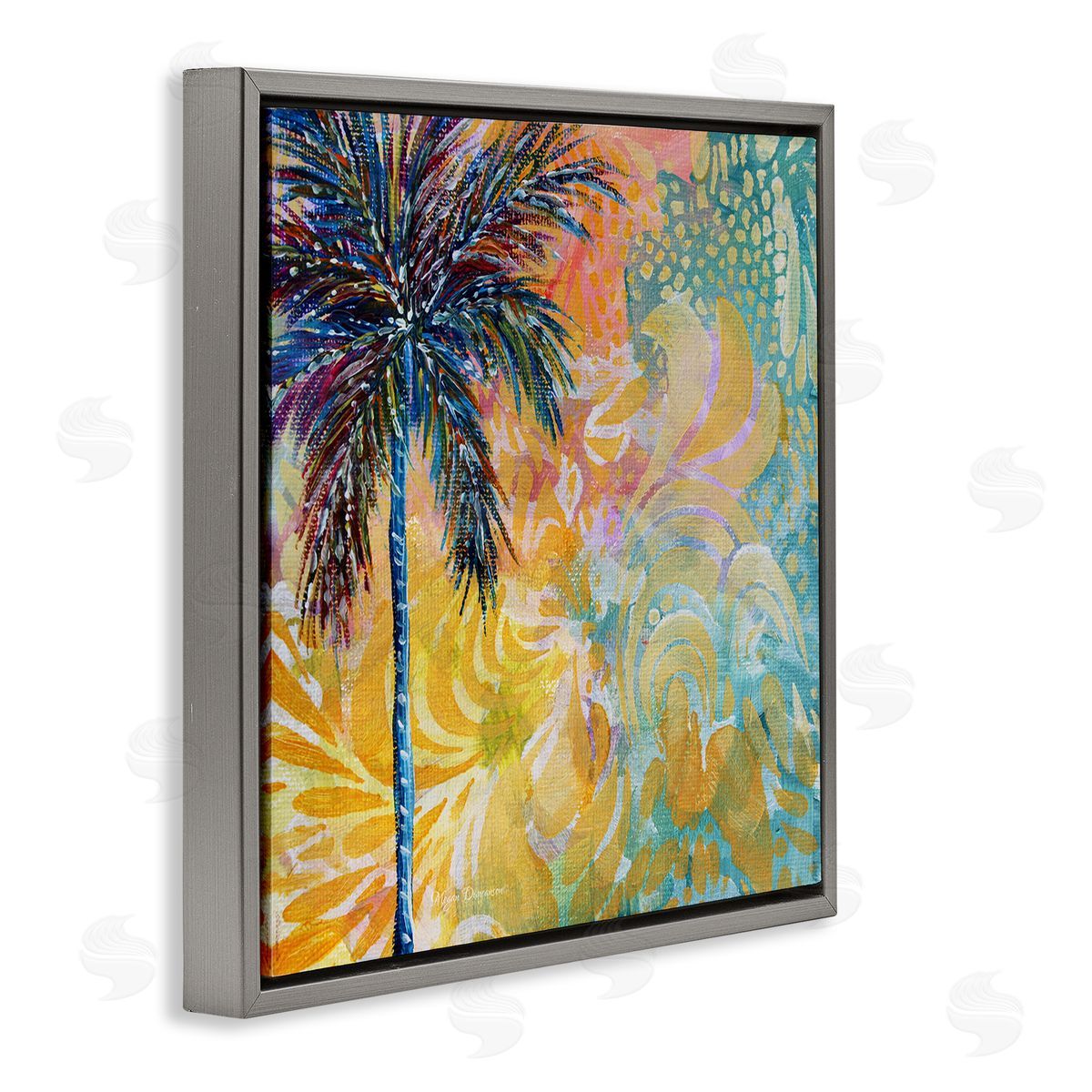 Megan Duncanson Tropical Patterned Palm Gray Floating Frame Canvas Wall Art Print