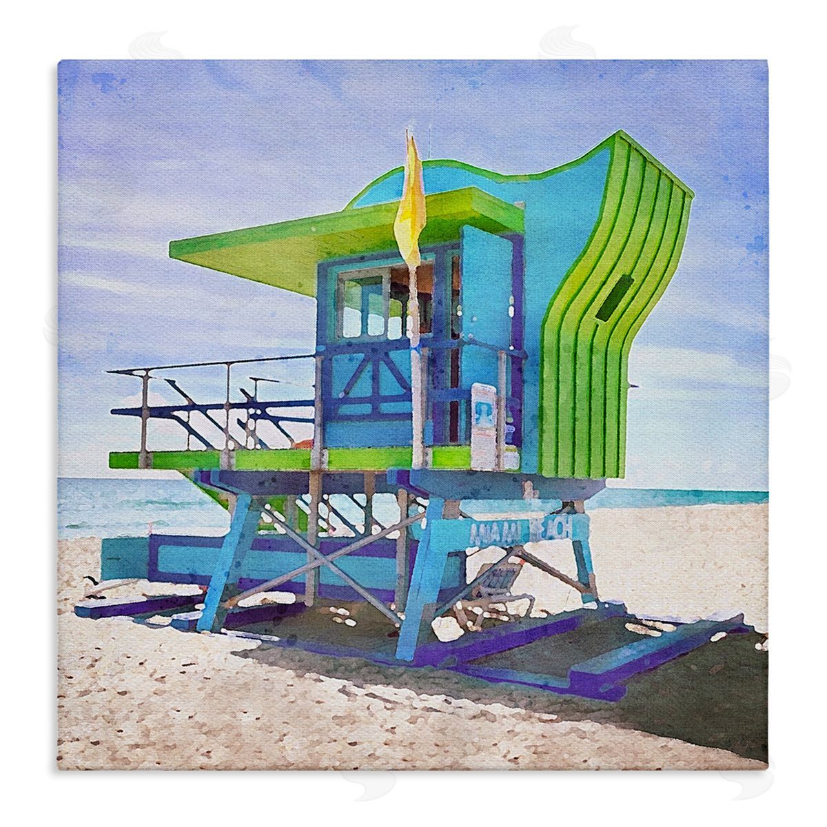LSR Design Studio Green Beach Hut Stretched Canvas Wall Art Print
