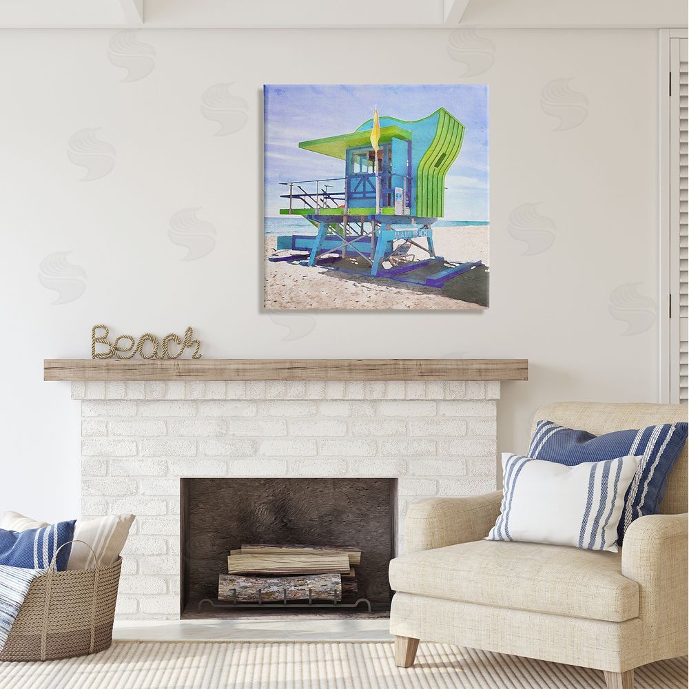 LSR Design Studio Green Beach Hut Canvas Wall Art in Room