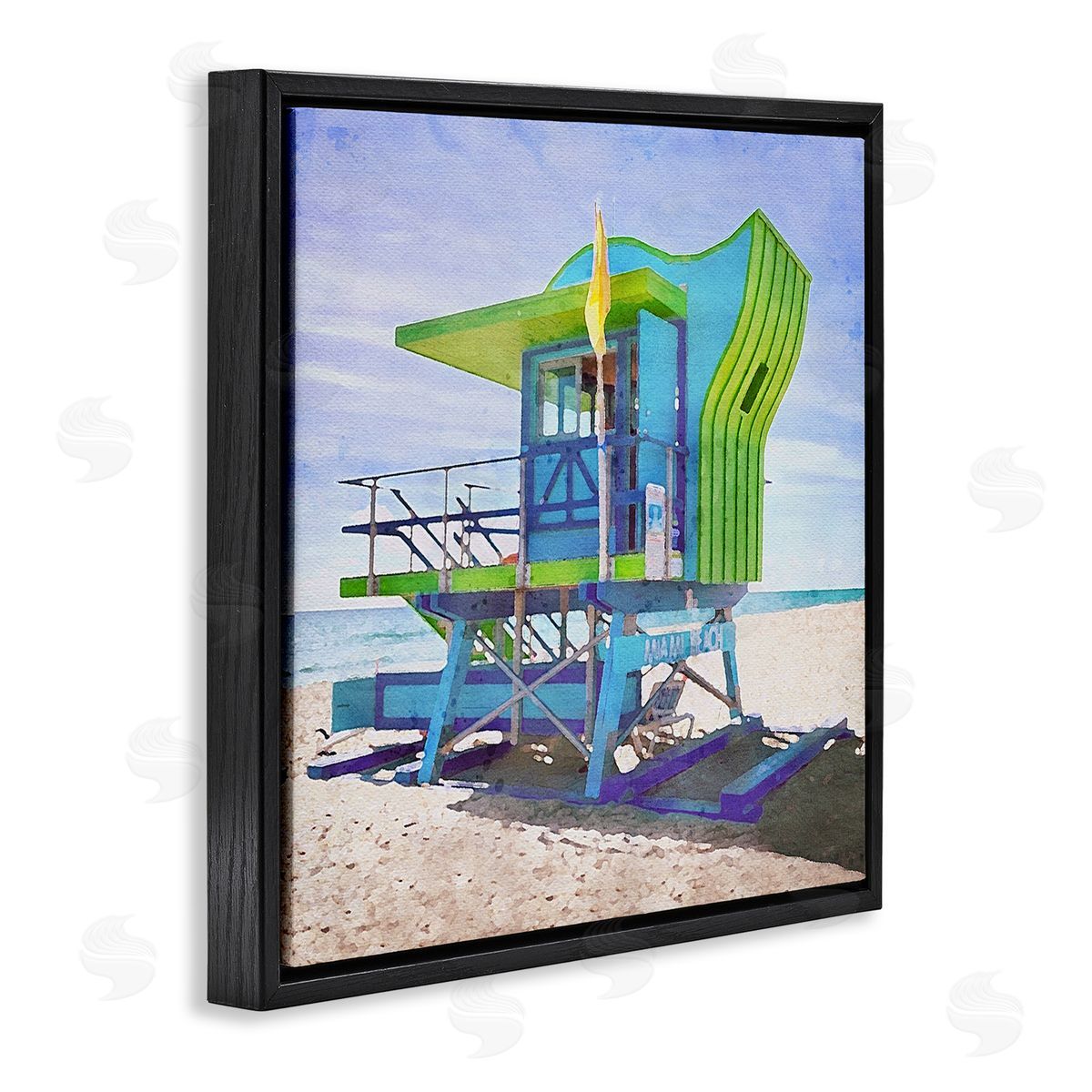 LSR Design Studio Green Beach Hut Black Floating Frame Canvas Wall Art Print