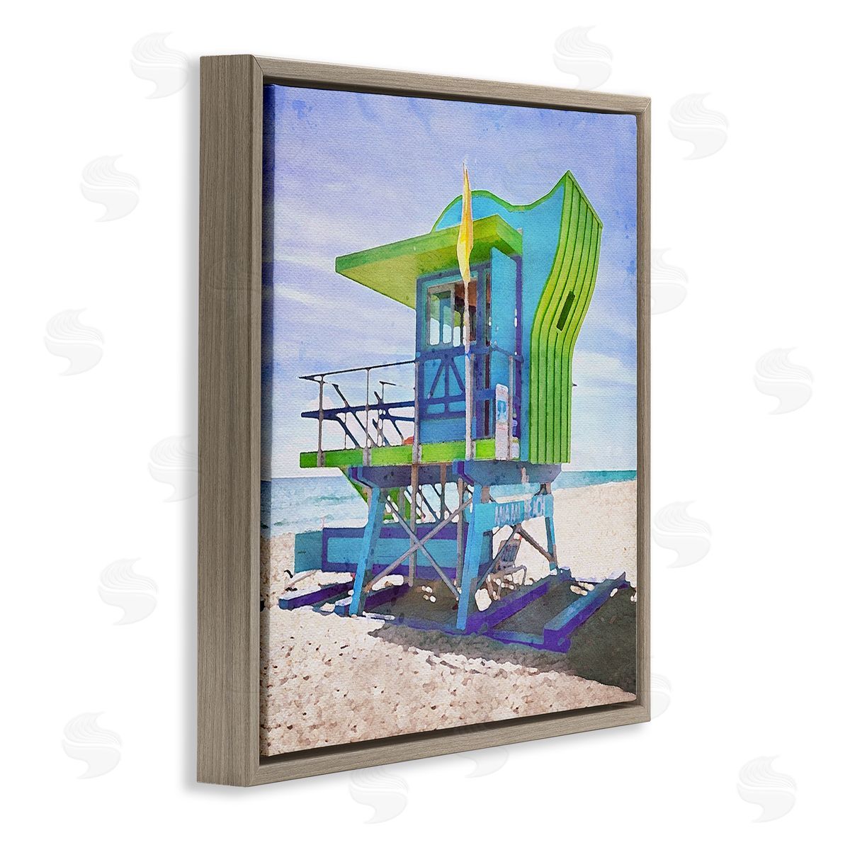 LSR Design Studio Green Beach Hut Brown Floating Frame Canvas Wall Art Print