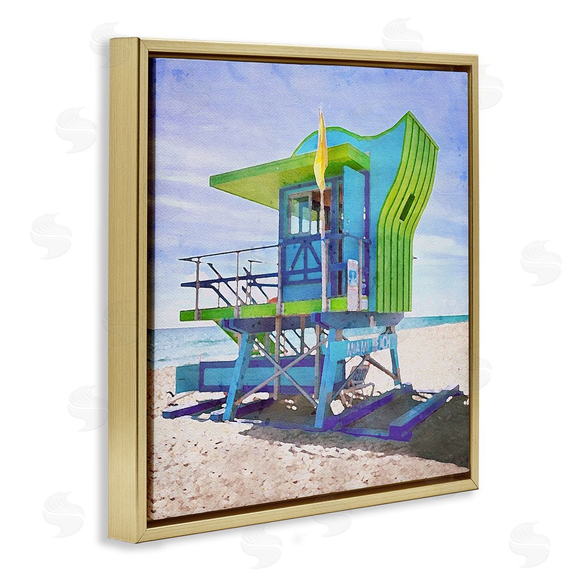 LSR Design Studio Green Beach Hut Gold Floating Frame Canvas Wall Art Print