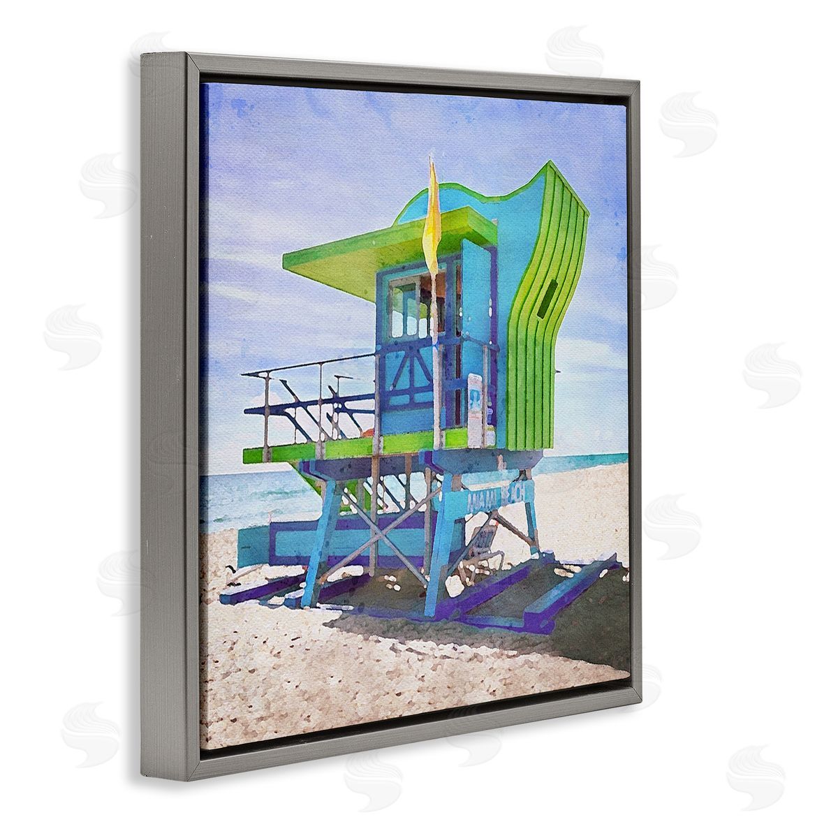 LSR Design Studio Green Beach Hut Gray Floating Frame Canvas Wall Art Print
