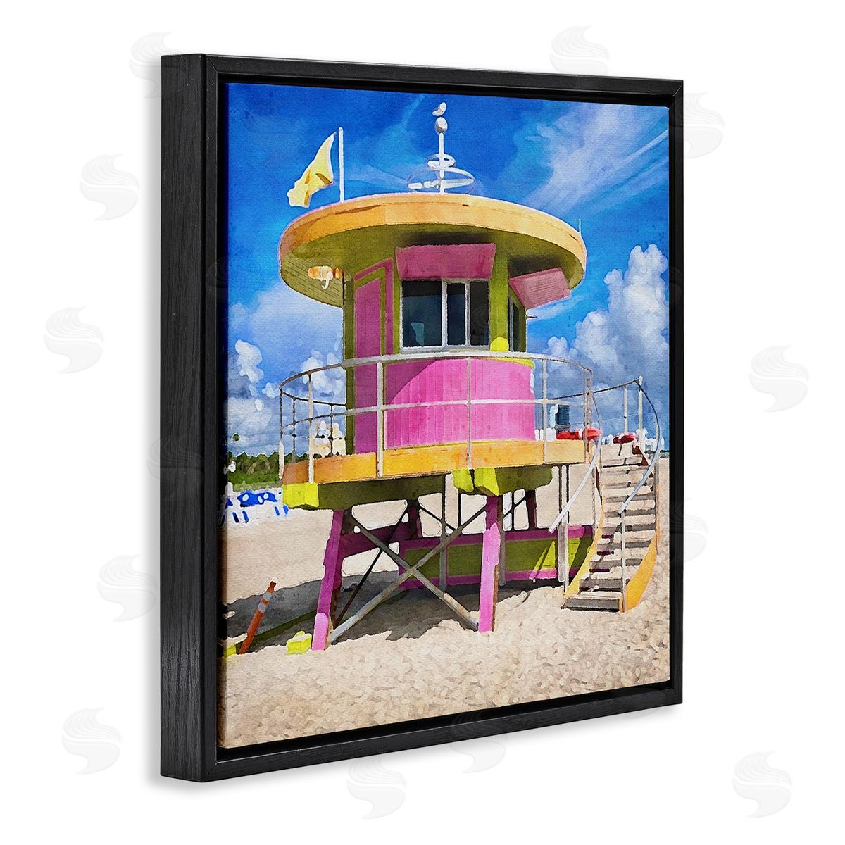 LSR Design Studio Pink Lifeguard Hut Black Floating Frame Canvas Wall Art Print