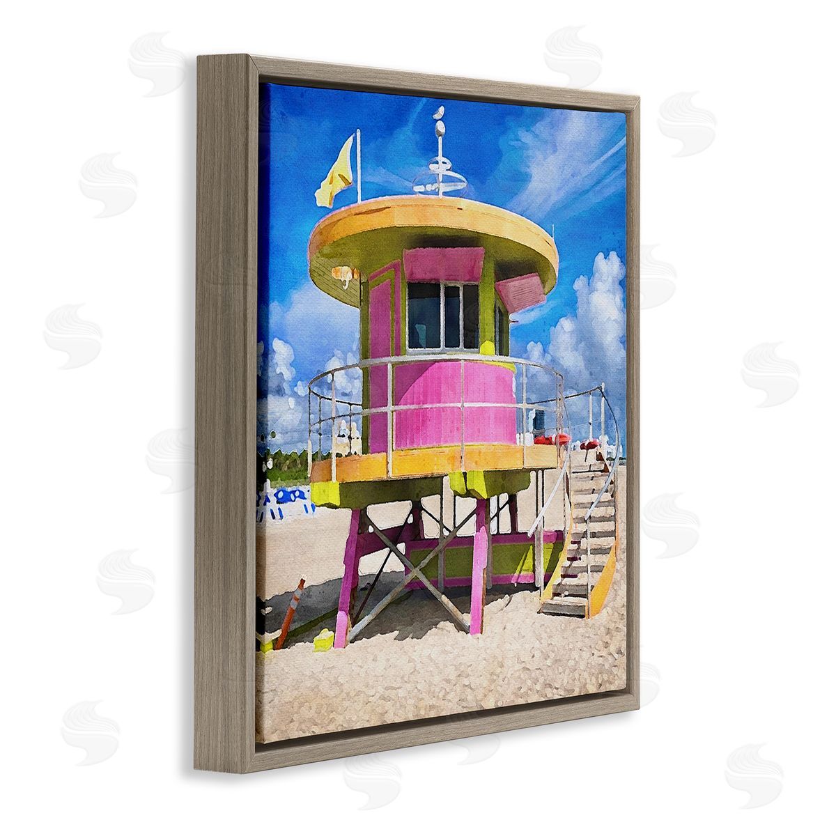 LSR Design Studio Pink Lifeguard Hut Brown Floating Frame Canvas Wall Art Print