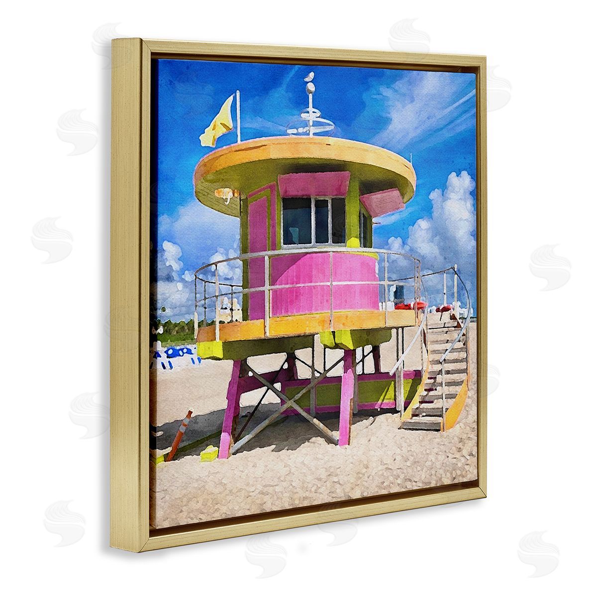 LSR Design Studio Pink Lifeguard Hut Gold Floating Frame Canvas Wall Art Print