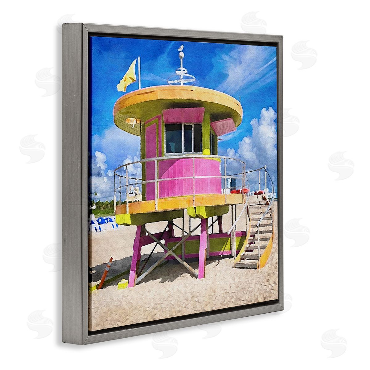 LSR Design Studio Pink Lifeguard Hut Gray Floating Frame Canvas Wall Art Print