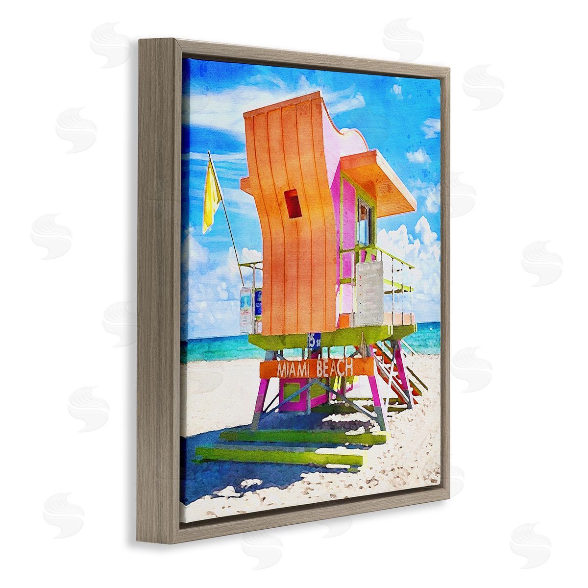 LSR Design Studio Miami Beach Orange Hut Brown Floating Frame Canvas Wall Art Print