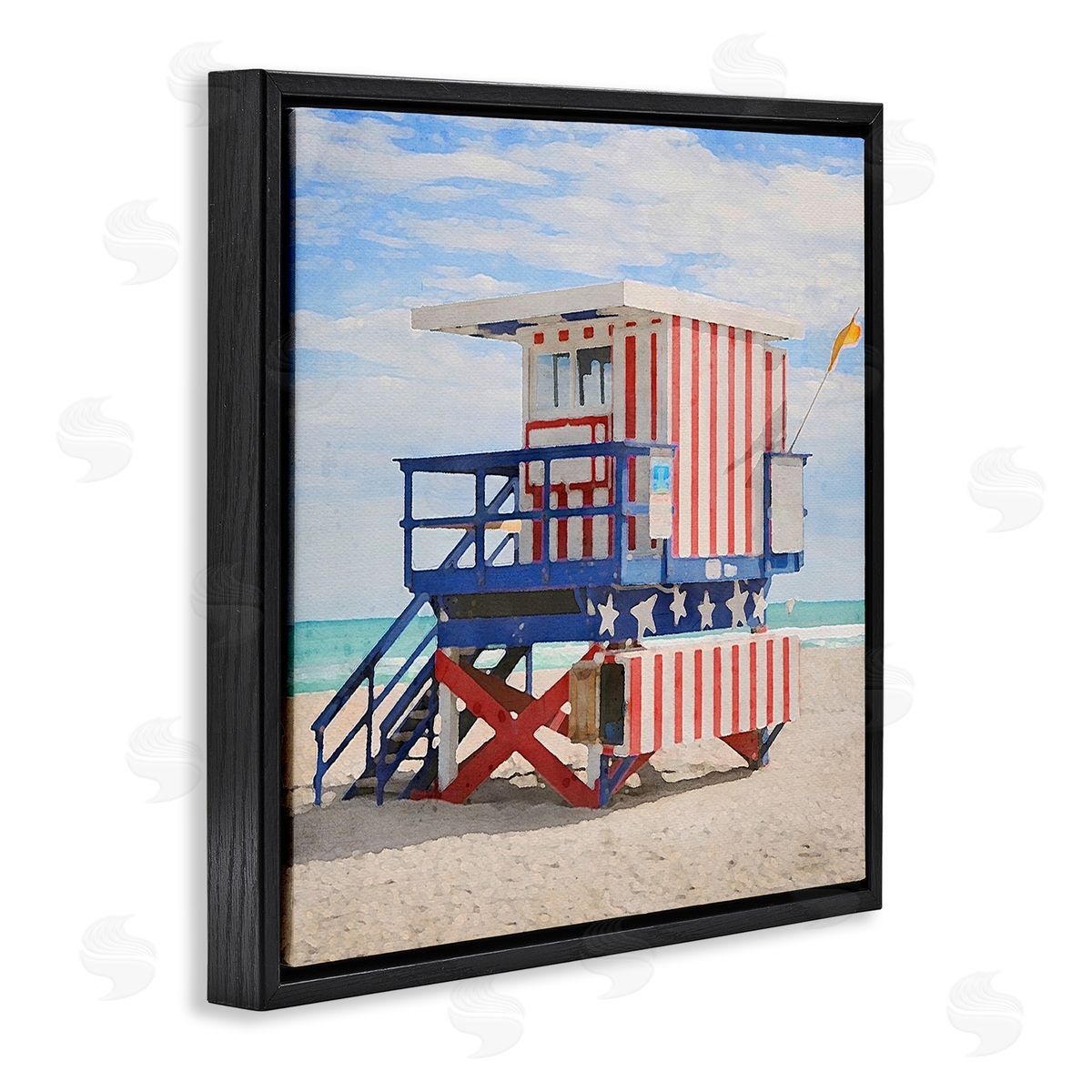 LSR Design Studio Striped Lifeguard Hut Black Floating Frame Canvas Wall Art Print