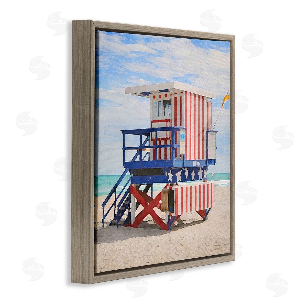LSR Design Studio Striped Lifeguard Hut Brown Floating Frame Canvas Wall Art Print