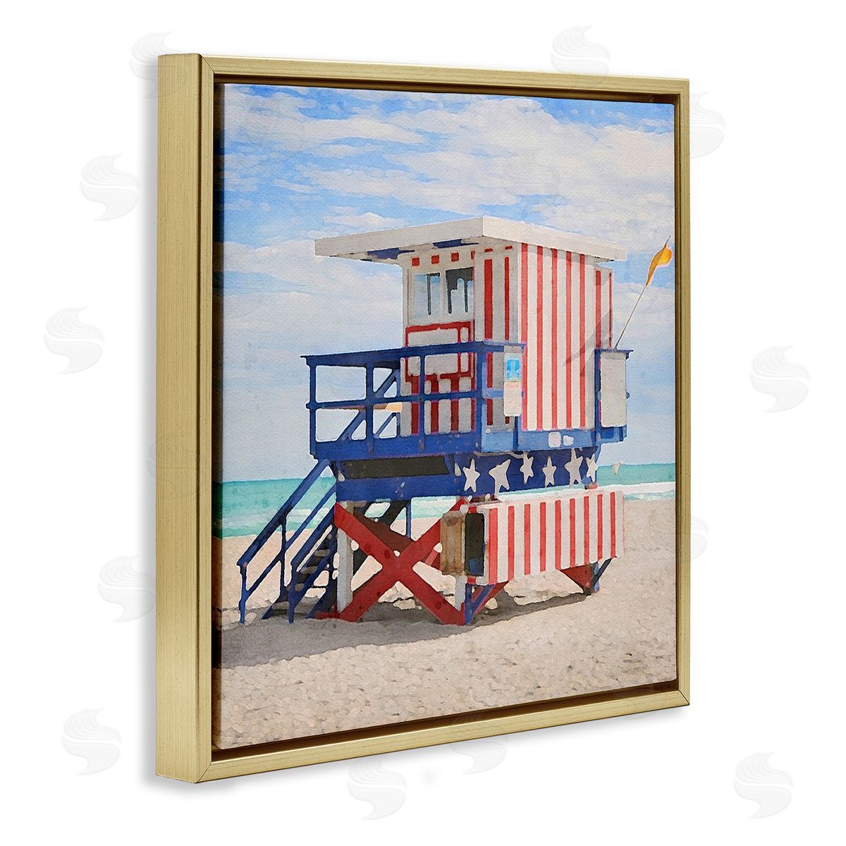 LSR Design Studio Striped Lifeguard Hut Gold Floating Frame Canvas Wall Art Print