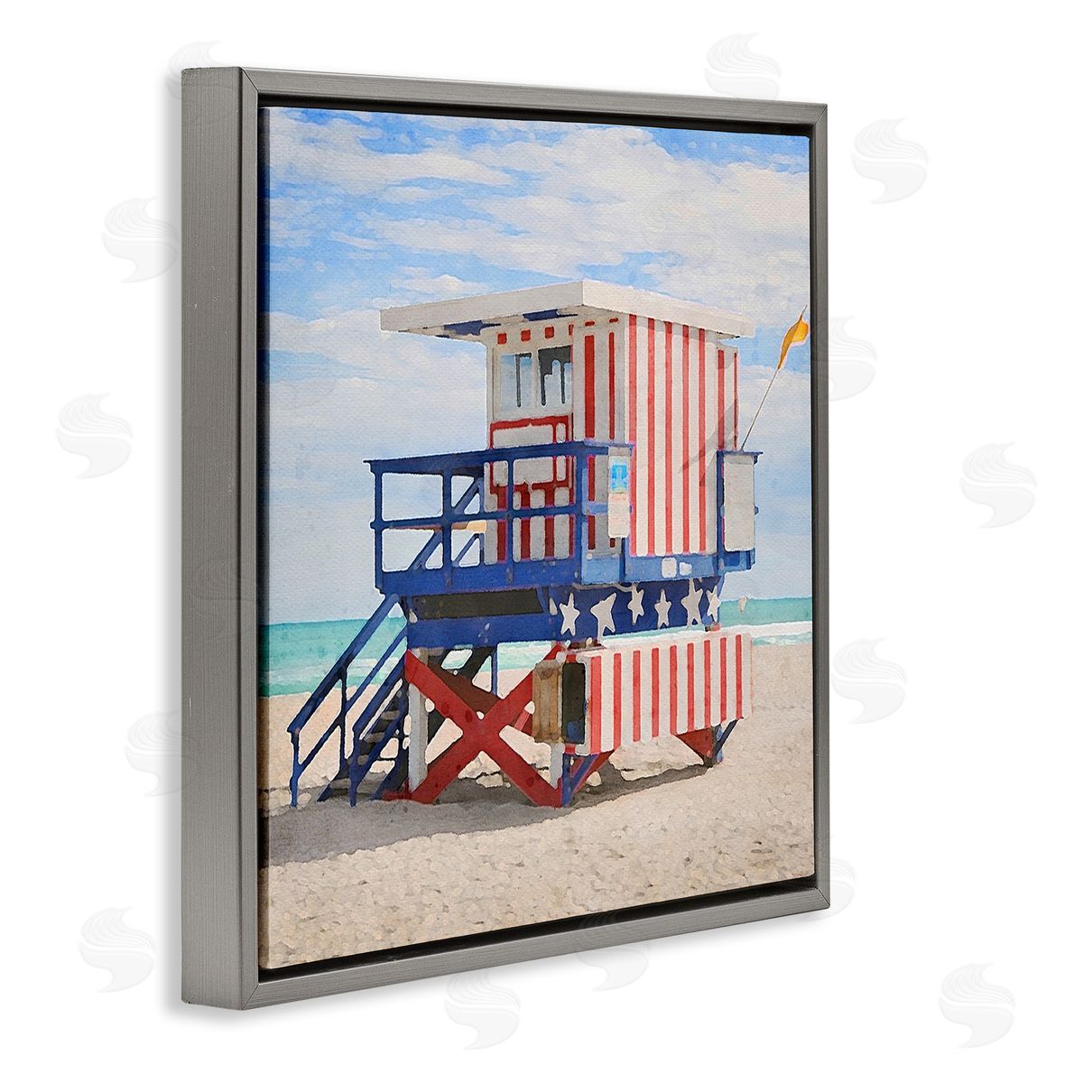LSR Design Studio Striped Lifeguard Hut Gray Floating Frame Canvas Wall Art Print