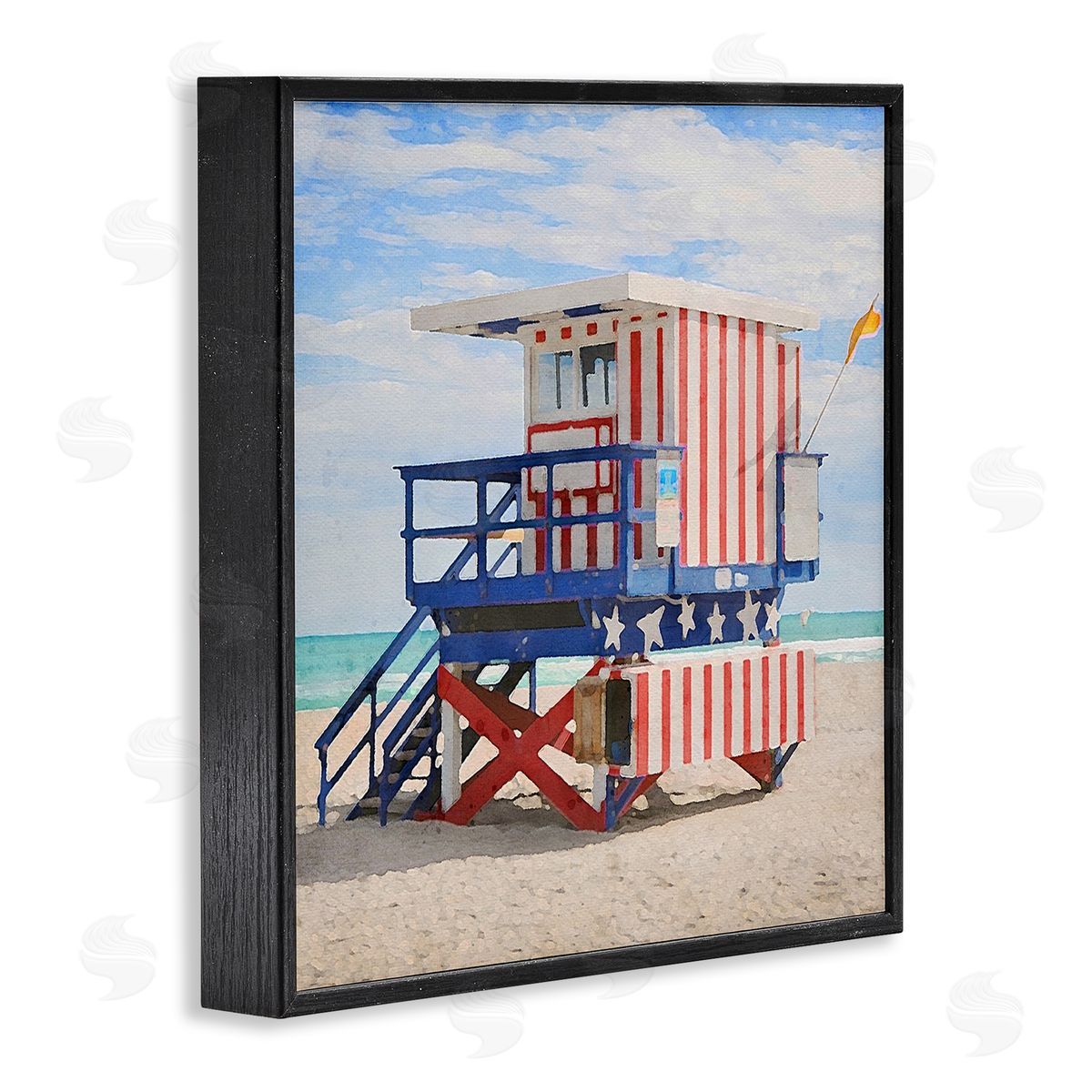 LSR Design Studio Striped Lifeguard Hut Black Framed Glicee Wall Art Print
