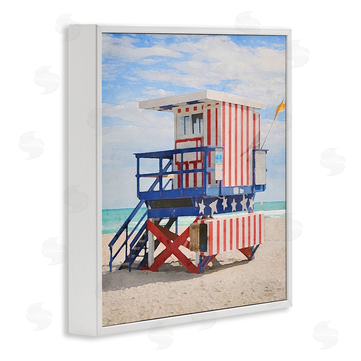 LSR Design Studio Striped Lifeguard Hut White Framed Glicee Wall Art Print