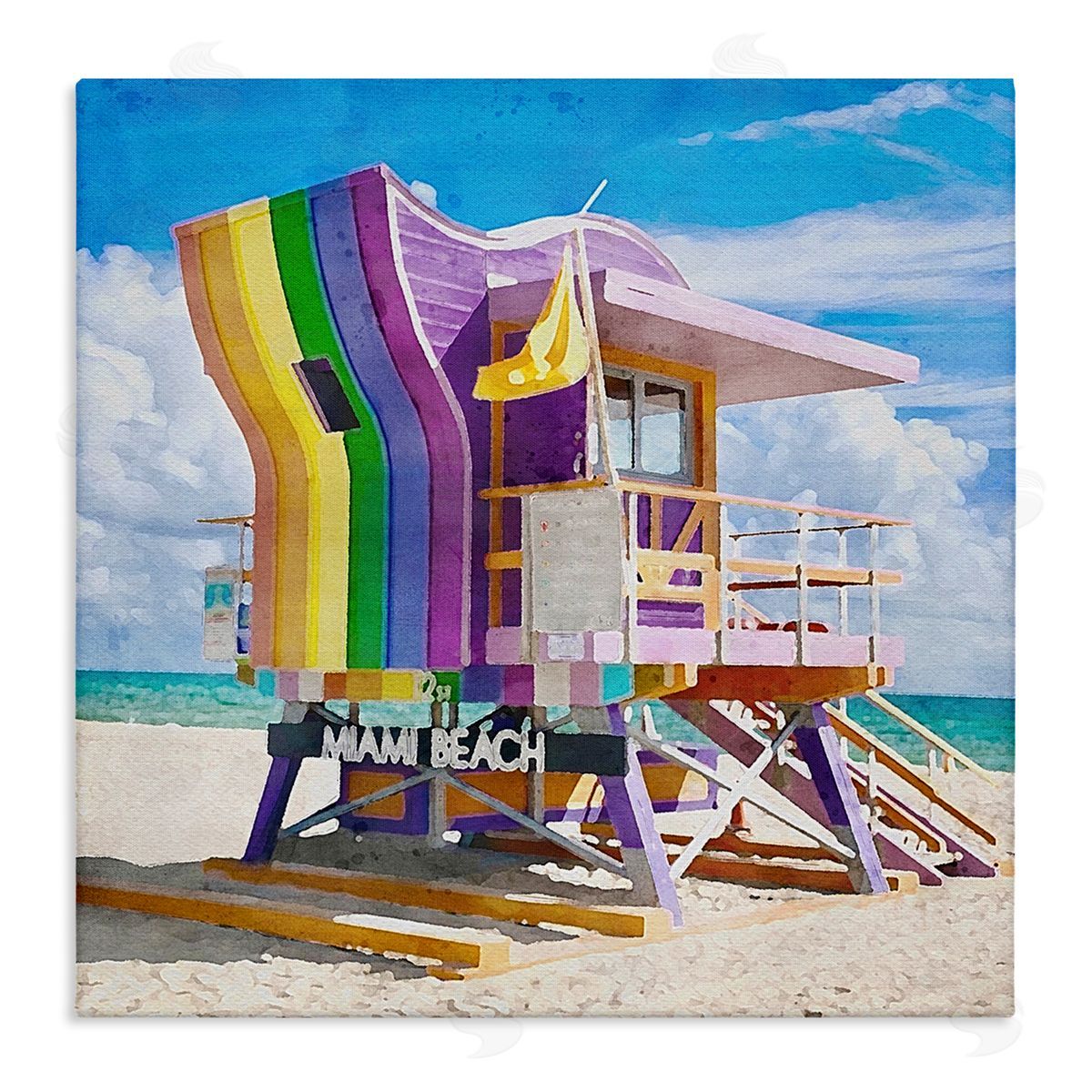 LSR Design Studio Rainbow Lifeguard Hut Stretched Canvas Wall Art Print