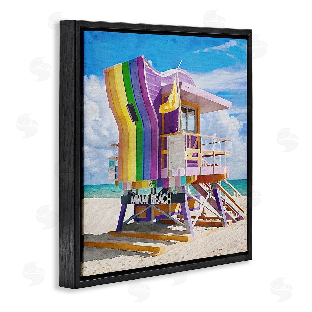 LSR Design Studio Rainbow Lifeguard Hut Black Floating Frame Canvas Wall Art Print