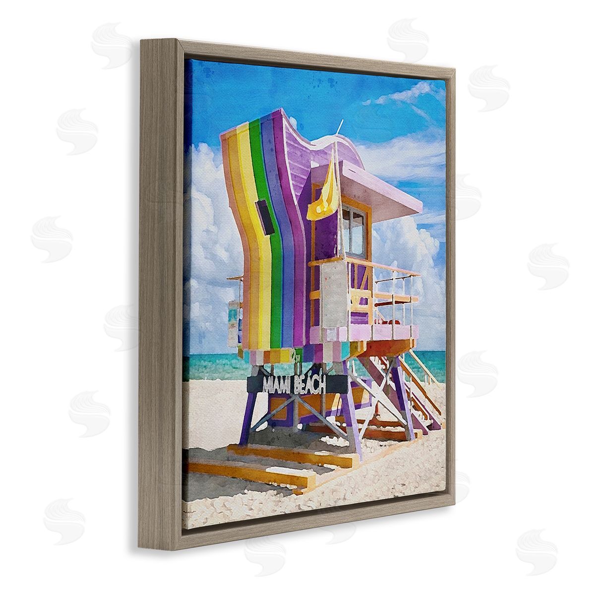 LSR Design Studio Rainbow Lifeguard Hut Brown Floating Frame Canvas Wall Art Print