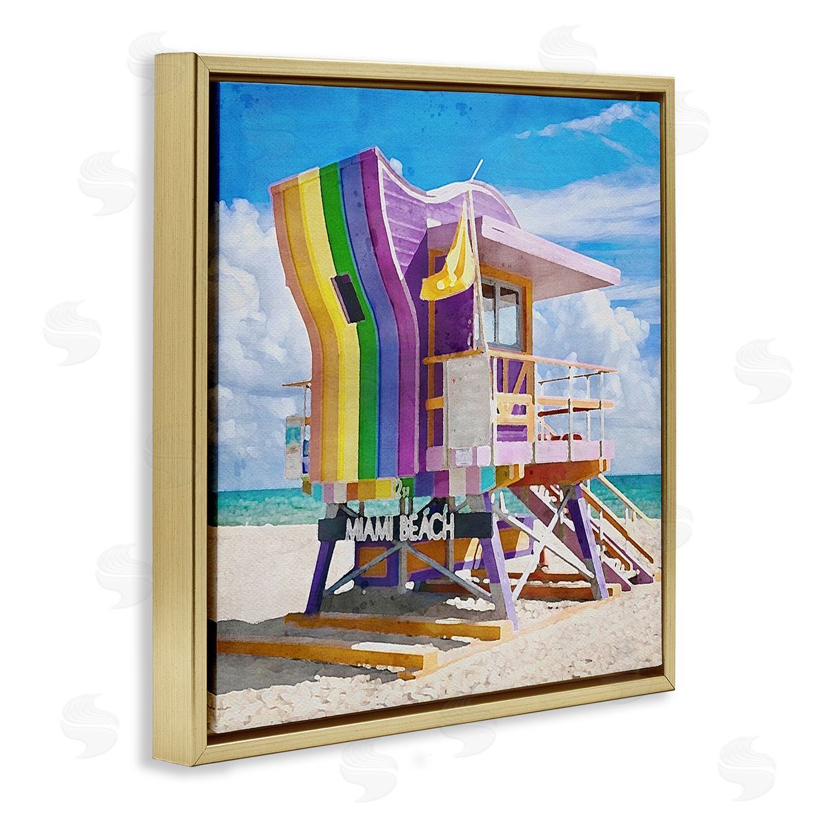 LSR Design Studio Rainbow Lifeguard Hut Gold Floating Frame Canvas Wall Art Print