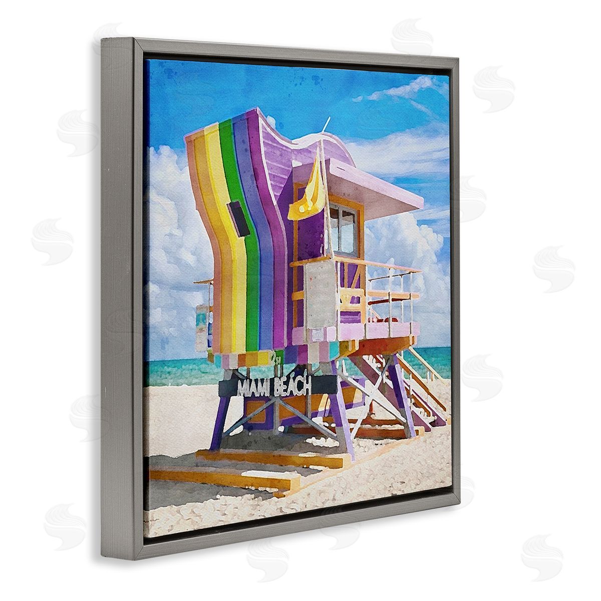 LSR Design Studio Rainbow Lifeguard Hut Gray Floating Frame Canvas Wall Art Print