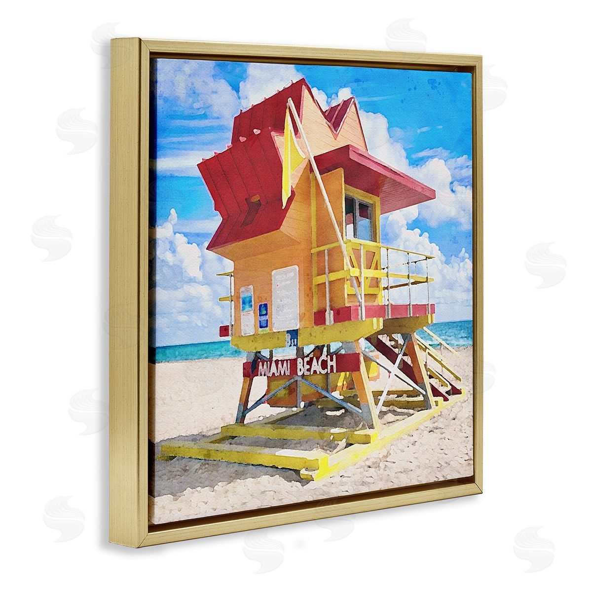 LSR Design Studio Summer Beach Hut Gold Floating Frame Canvas Wall Art Print