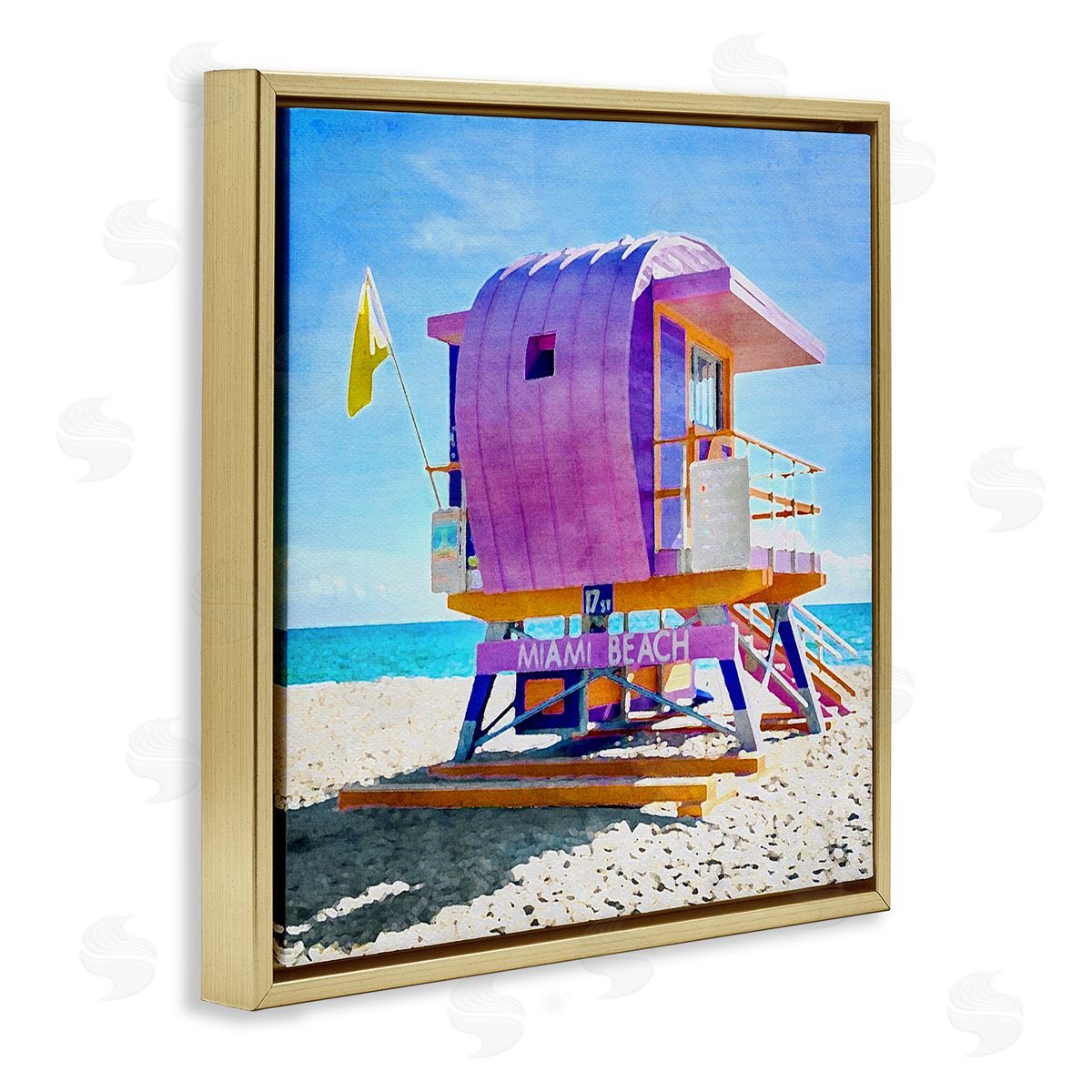 LSR Design Studio Summer Lifeguard Hut Gold Floating Frame Canvas Wall Art Print