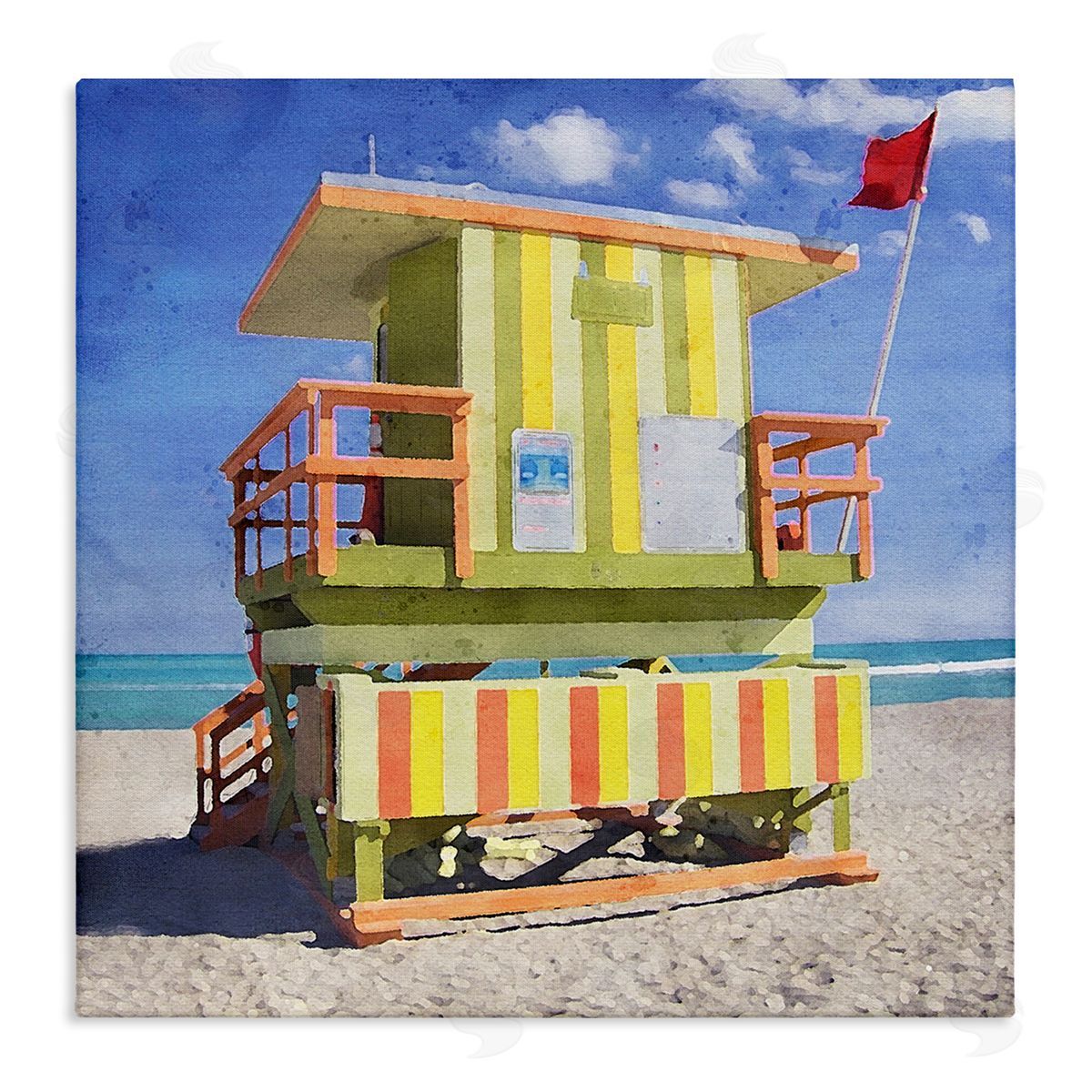 LSR Design Studio Yellow Summer Beach Hut Stretched Canvas Wall Art Print