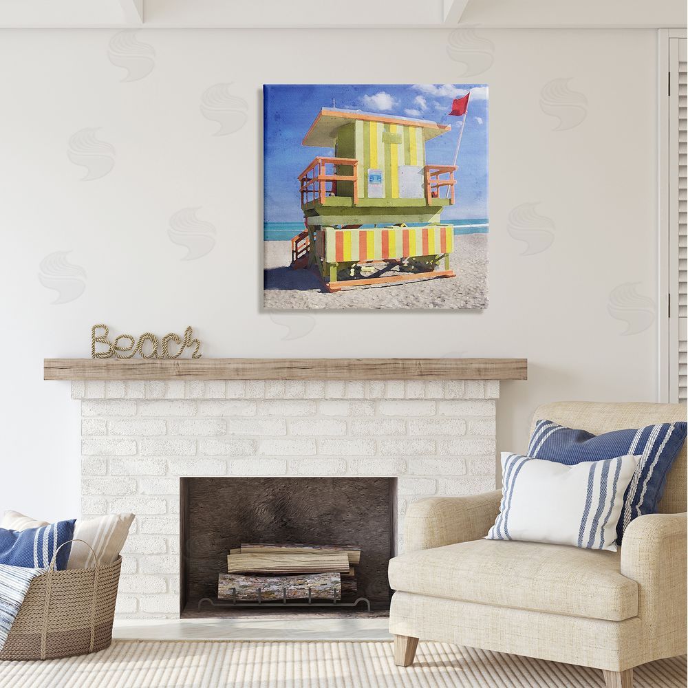 LSR Design Studio Yellow Summer Beach Hut Canvas Wall Art in Room