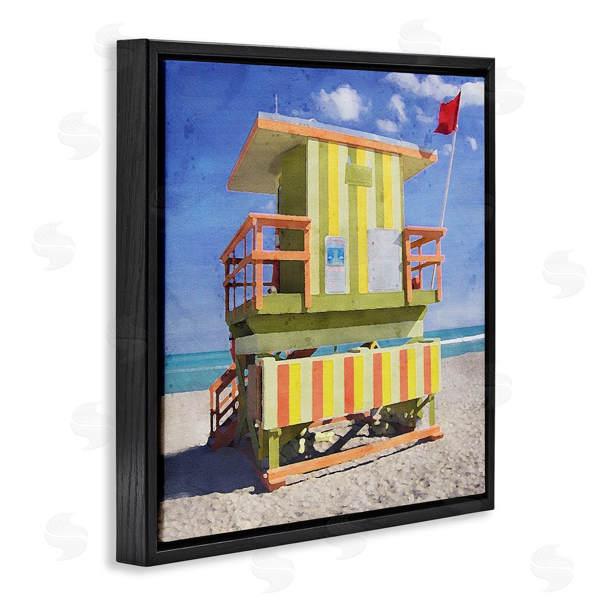 LSR Design Studio Yellow Summer Beach Hut Black Floating Frame Canvas Wall Art Print