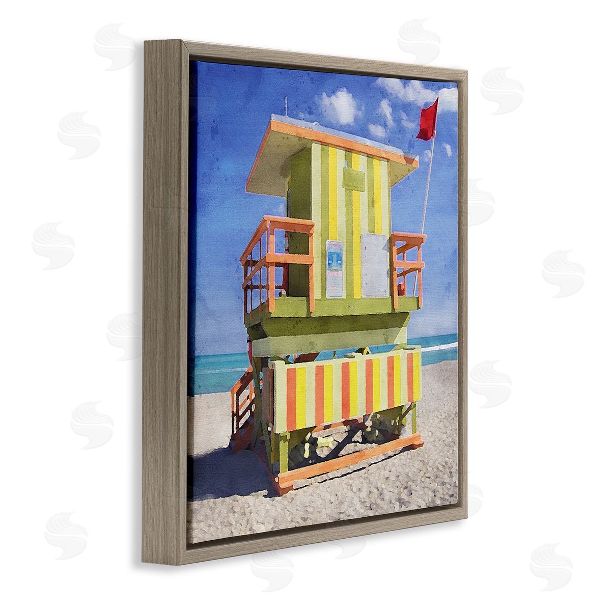 LSR Design Studio Yellow Summer Beach Hut Brown Floating Frame Canvas Wall Art Print