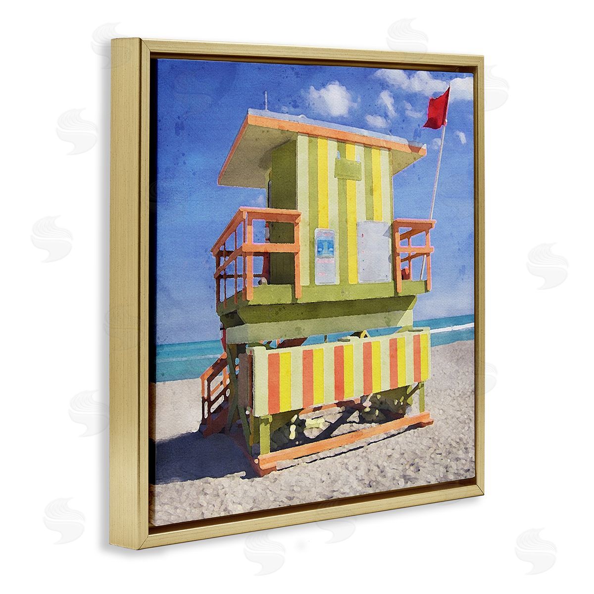 LSR Design Studio Yellow Summer Beach Hut Gold Floating Frame Canvas Wall Art Print