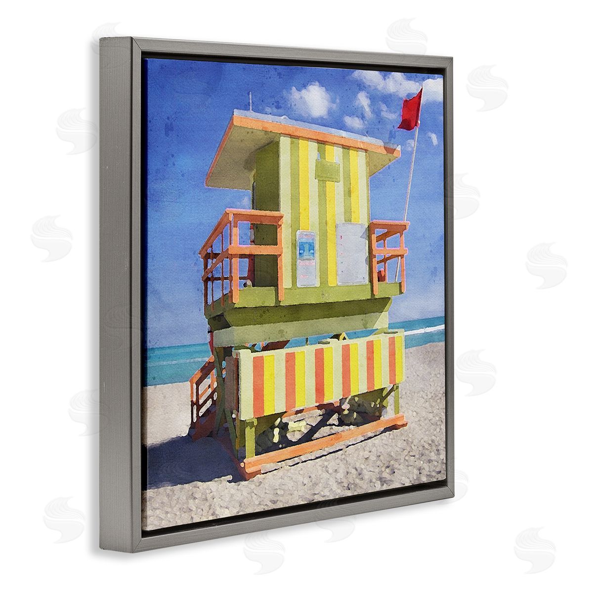 LSR Design Studio Yellow Summer Beach Hut Gray Floating Frame Canvas Wall Art Print