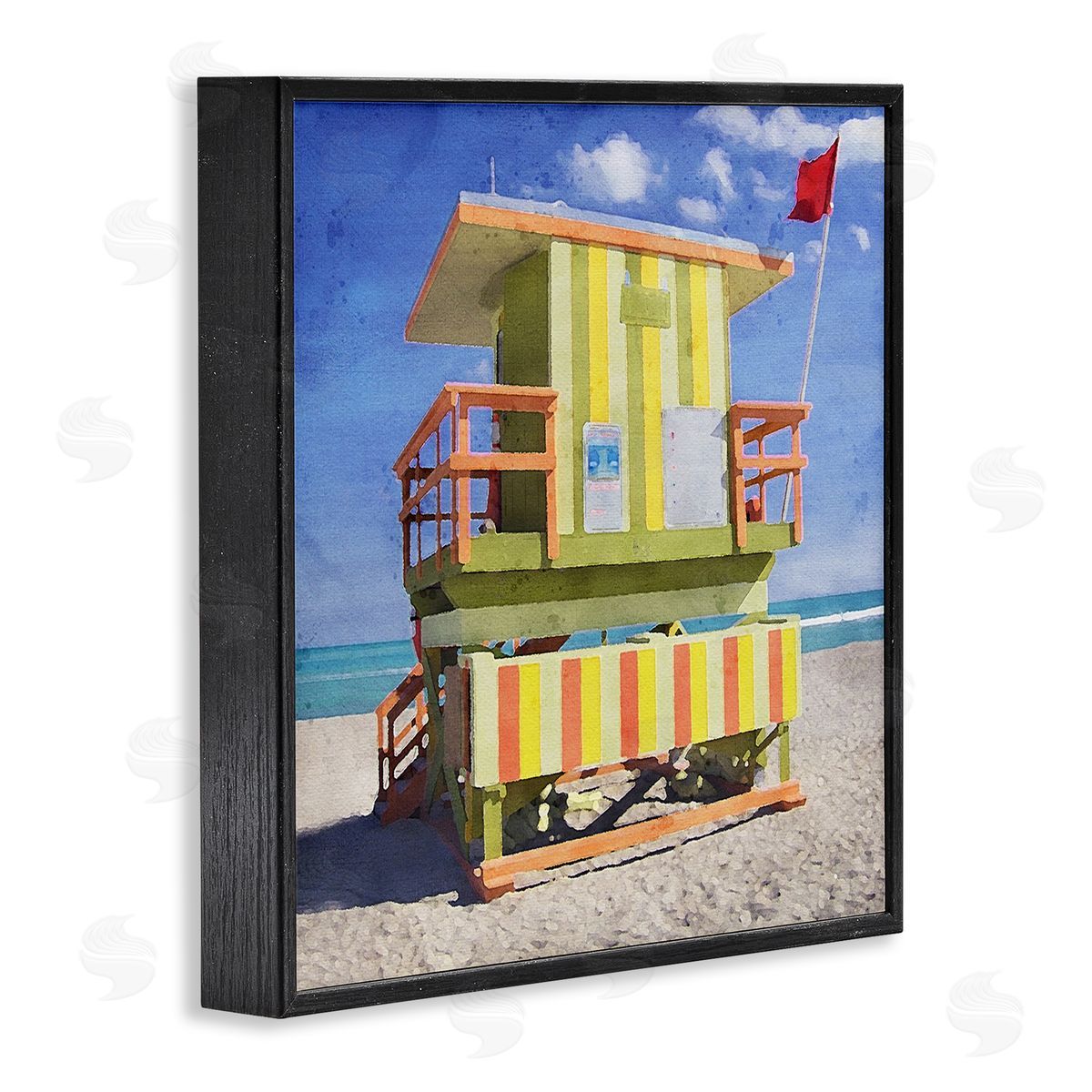 LSR Design Studio Yellow Summer Beach Hut Black Framed Glicee Wall Art Print