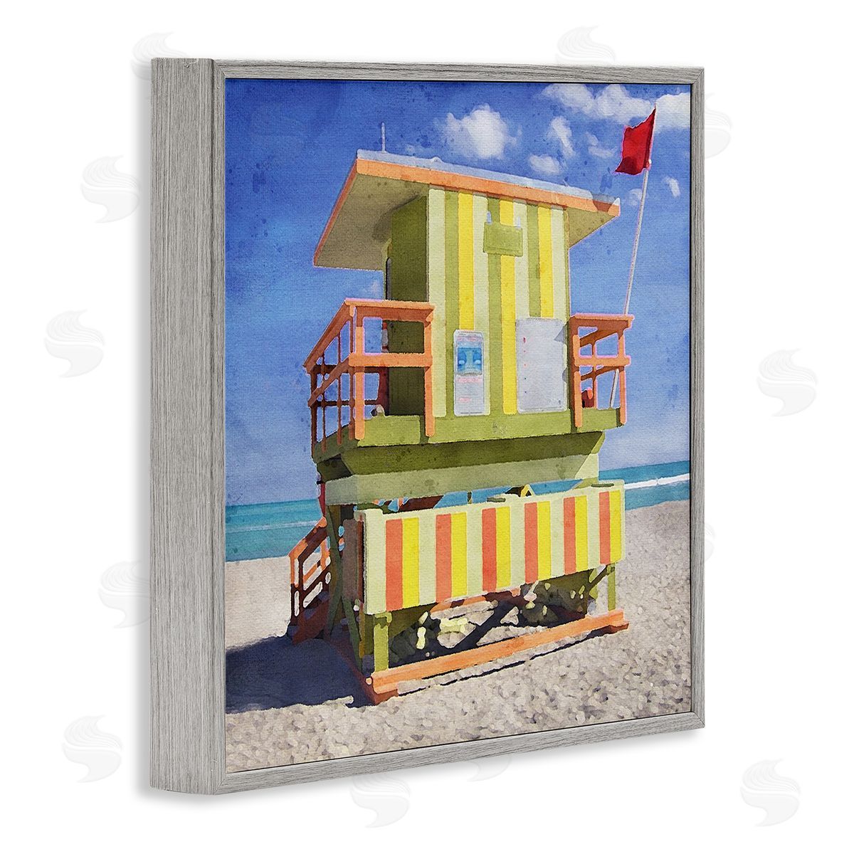 LSR Design Studio Yellow Summer Beach Hut Gray Framed Glicee Wall Art Print