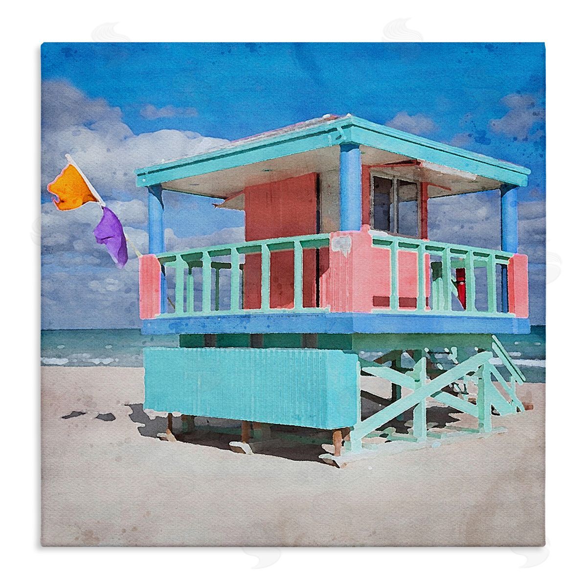 LSR Design Studio Blue Summer Beach Hut Stretched Canvas Wall Art Print