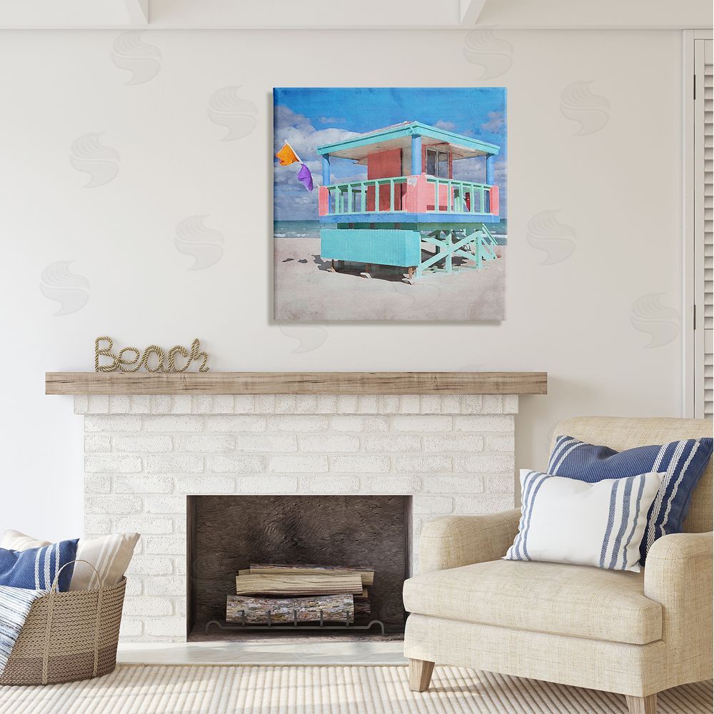 LSR Design Studio Blue Summer Beach Hut Canvas Wall Art in Room