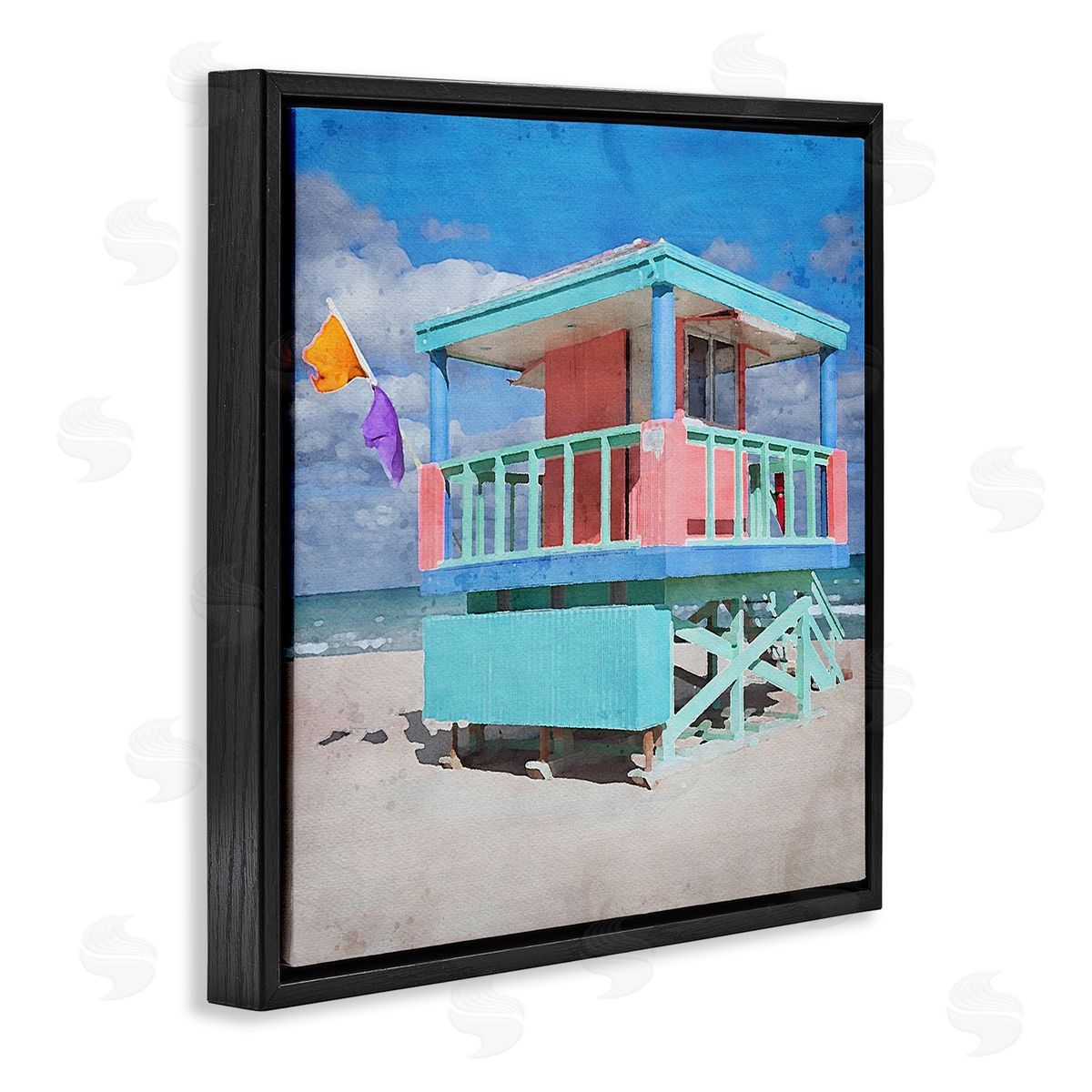 LSR Design Studio Blue Summer Beach Hut Black Floating Frame Canvas Wall Art Print