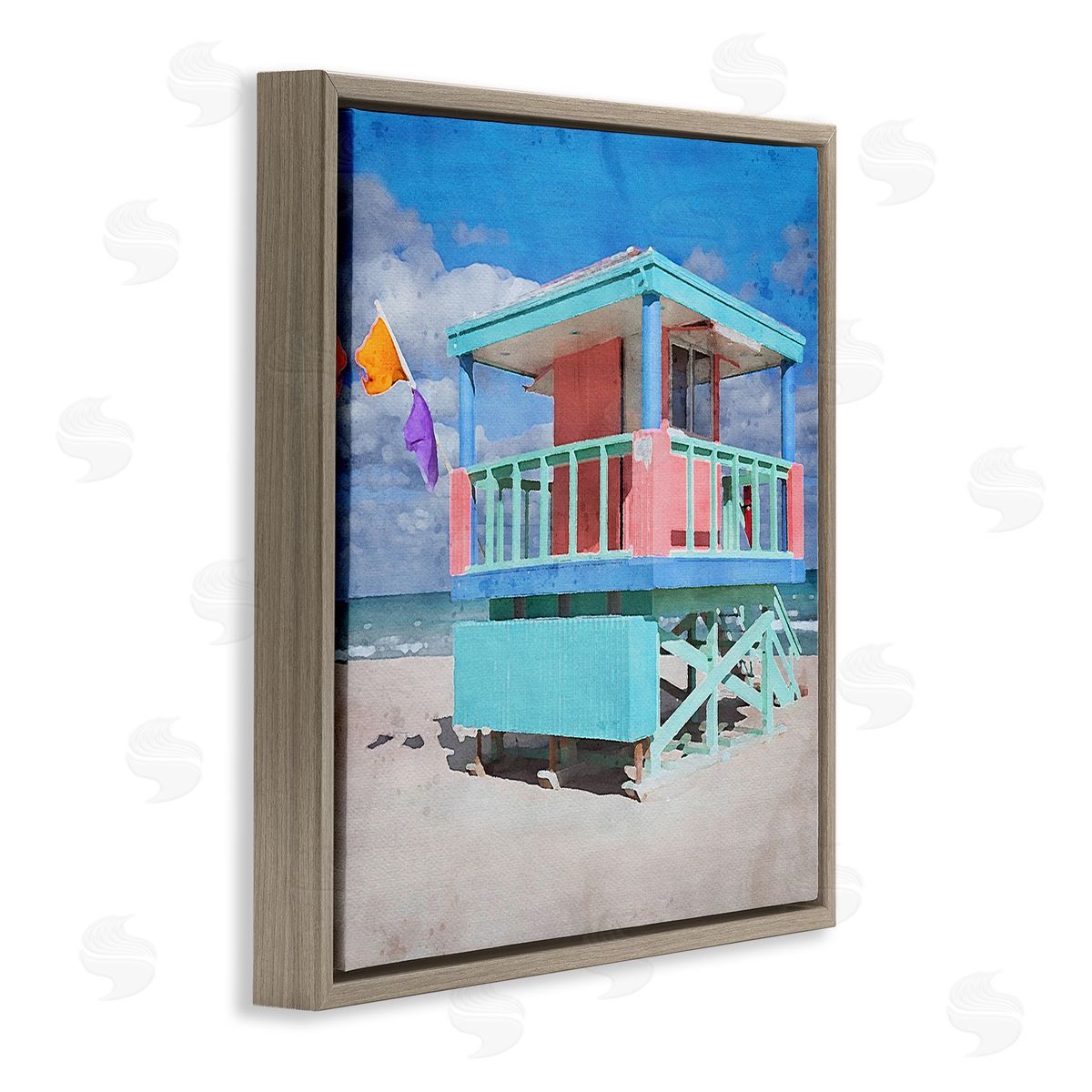 LSR Design Studio Blue Summer Beach Hut Brown Floating Frame Canvas Wall Art Print