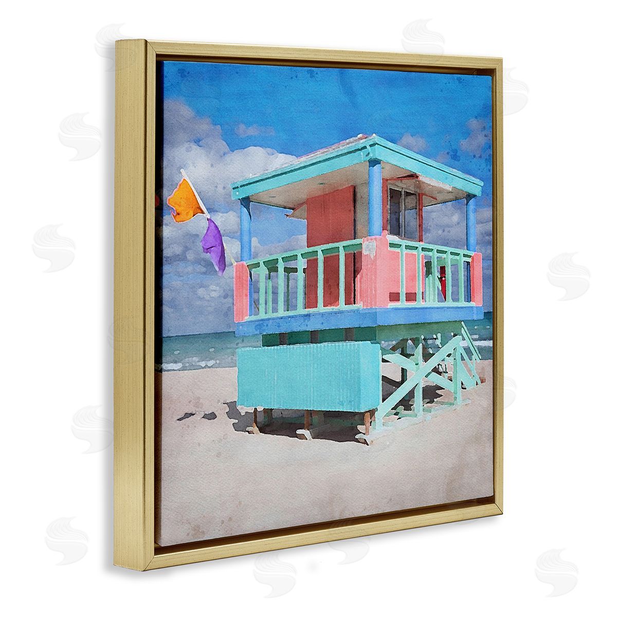 LSR Design Studio Blue Summer Beach Hut Gold Floating Frame Canvas Wall Art Print
