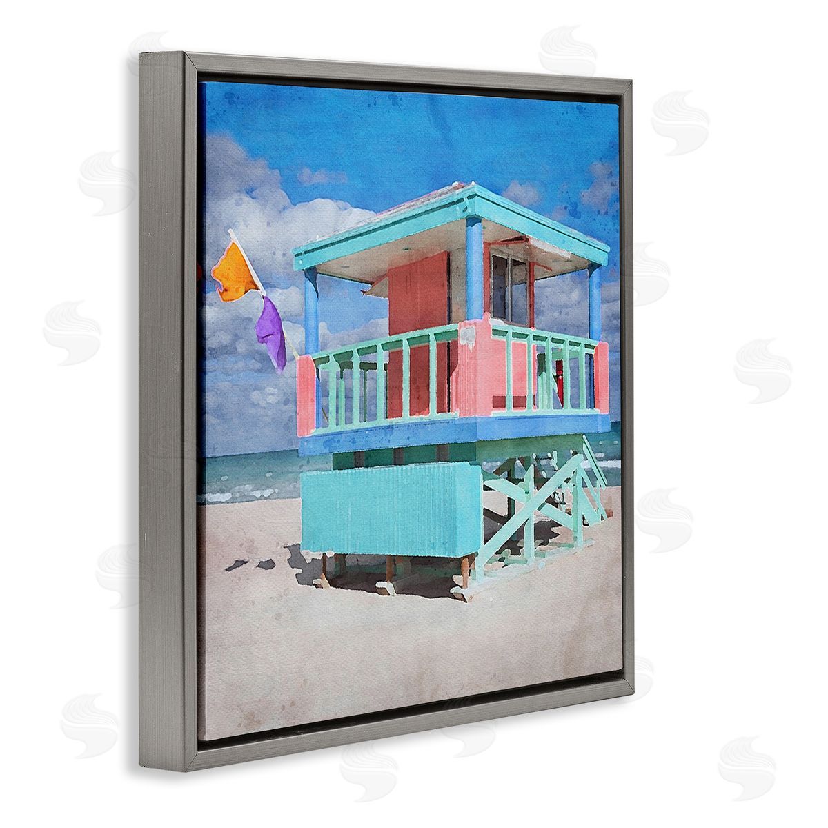LSR Design Studio Blue Summer Beach Hut Gray Floating Frame Canvas Wall Art Print