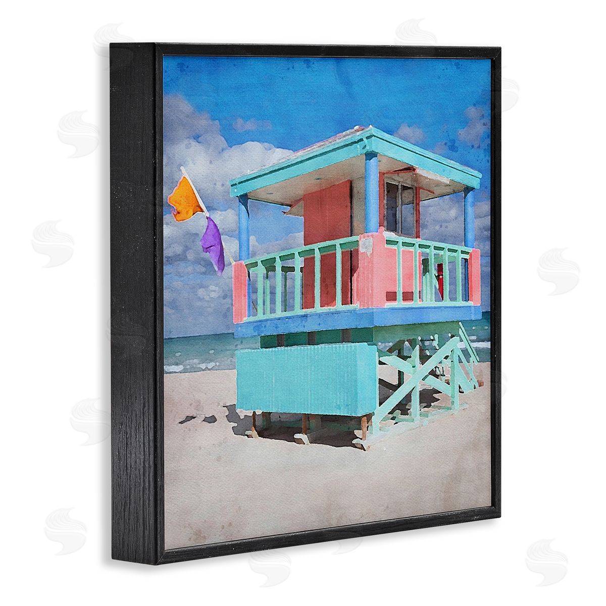 LSR Design Studio Blue Summer Beach Hut Black Framed Glicee Wall Art Print