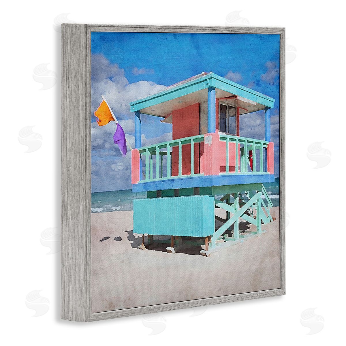 LSR Design Studio Blue Summer Beach Hut Gray Framed Glicee Wall Art Print