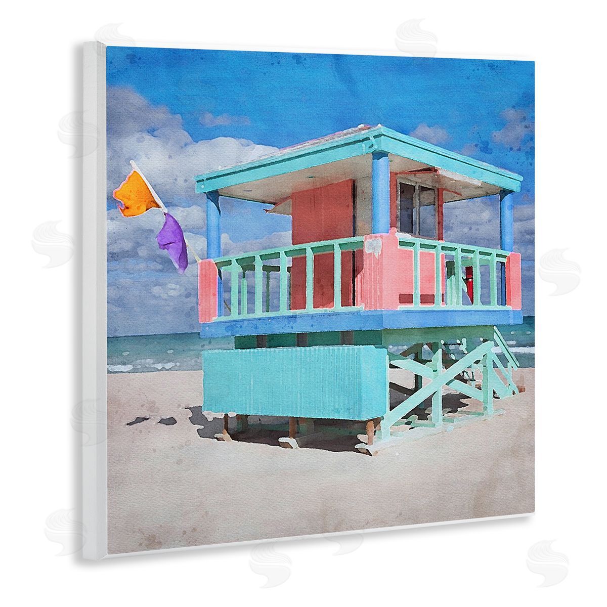 LSR Design Studio Blue Summer Beach Hut Wooden Wall Plaque Art Print