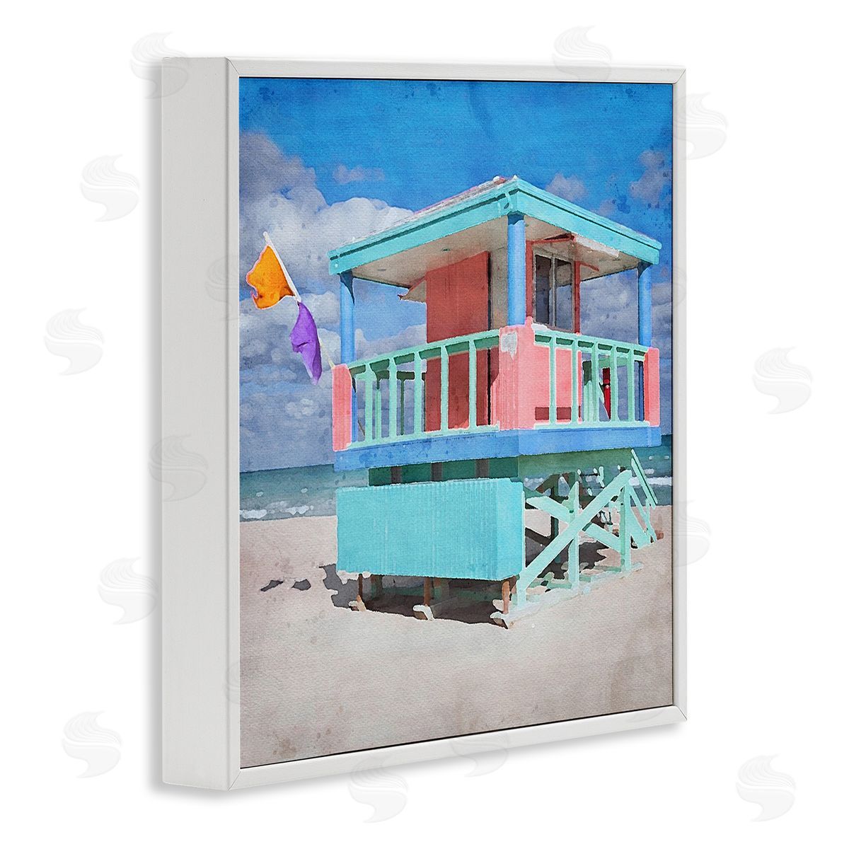 LSR Design Studio Blue Summer Beach Hut White Framed Glicee Wall Art Print