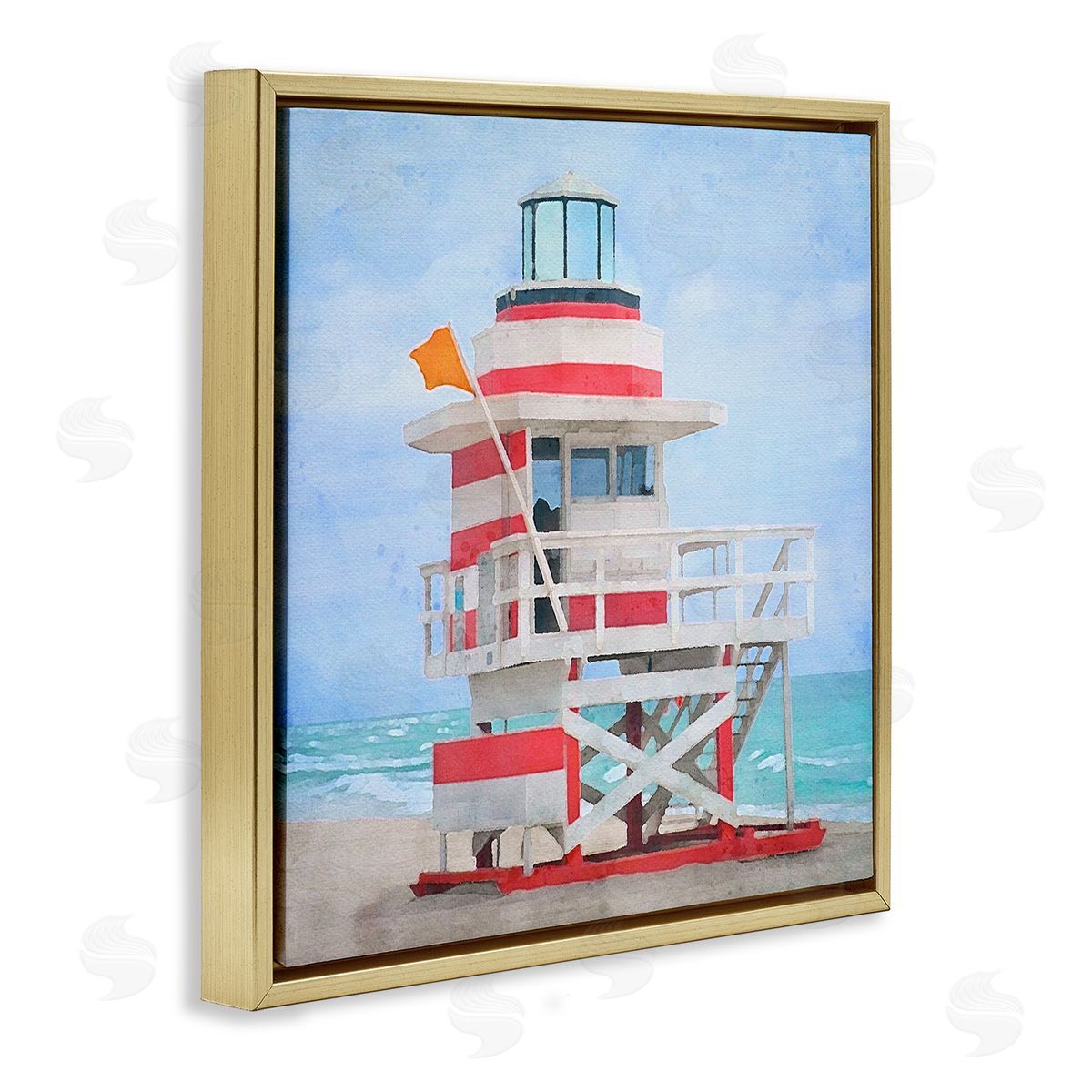 LSR Design Studio Summer Shore Hut Gold Floating Frame Canvas Wall Art Print